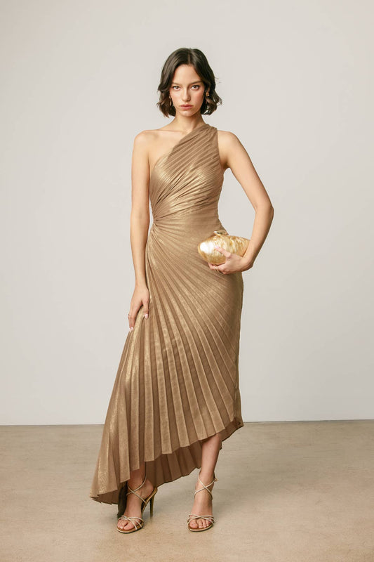 Metallic One Shoulder Asymmetrical Pleated Dress