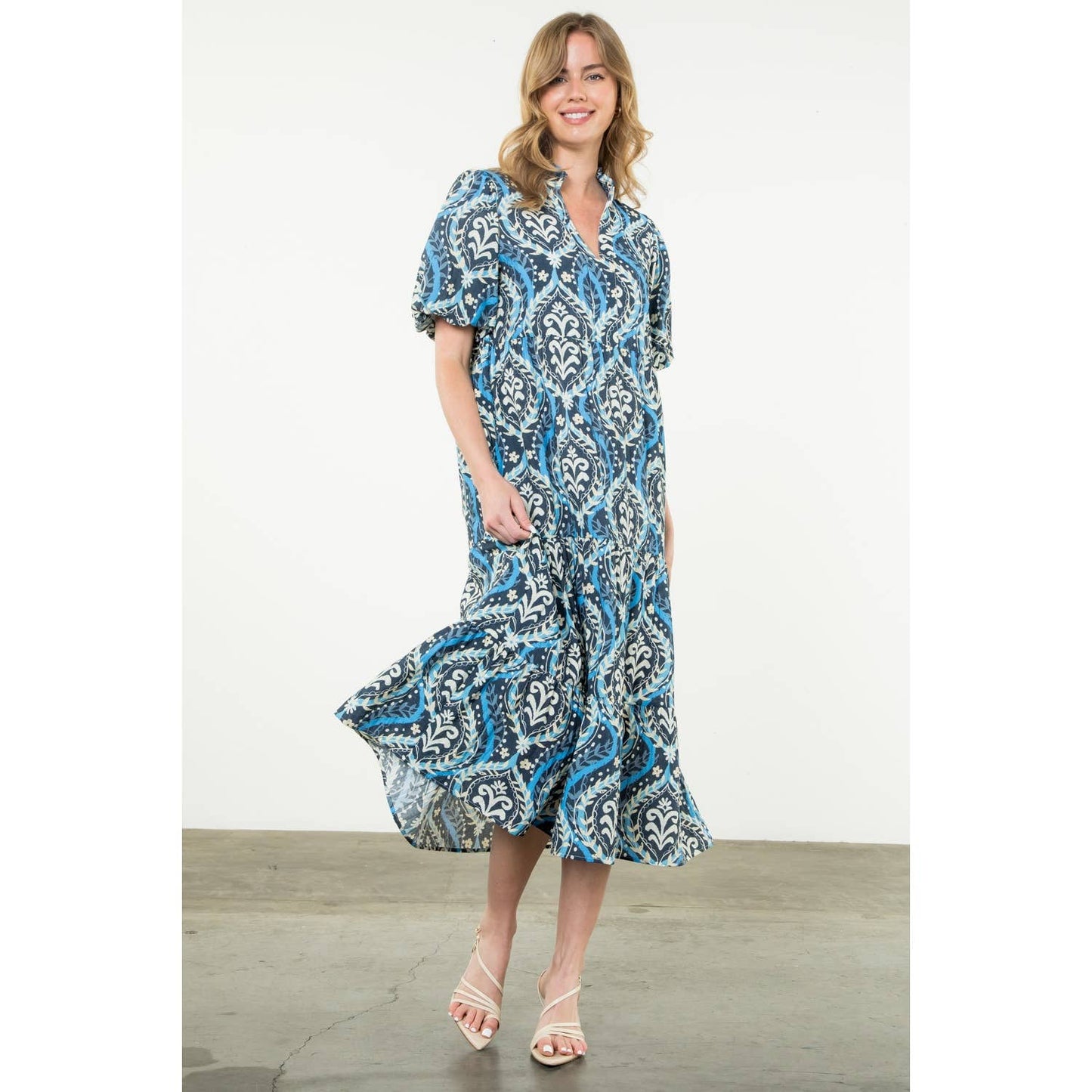 Puff Sleeve Tiered Print Dress