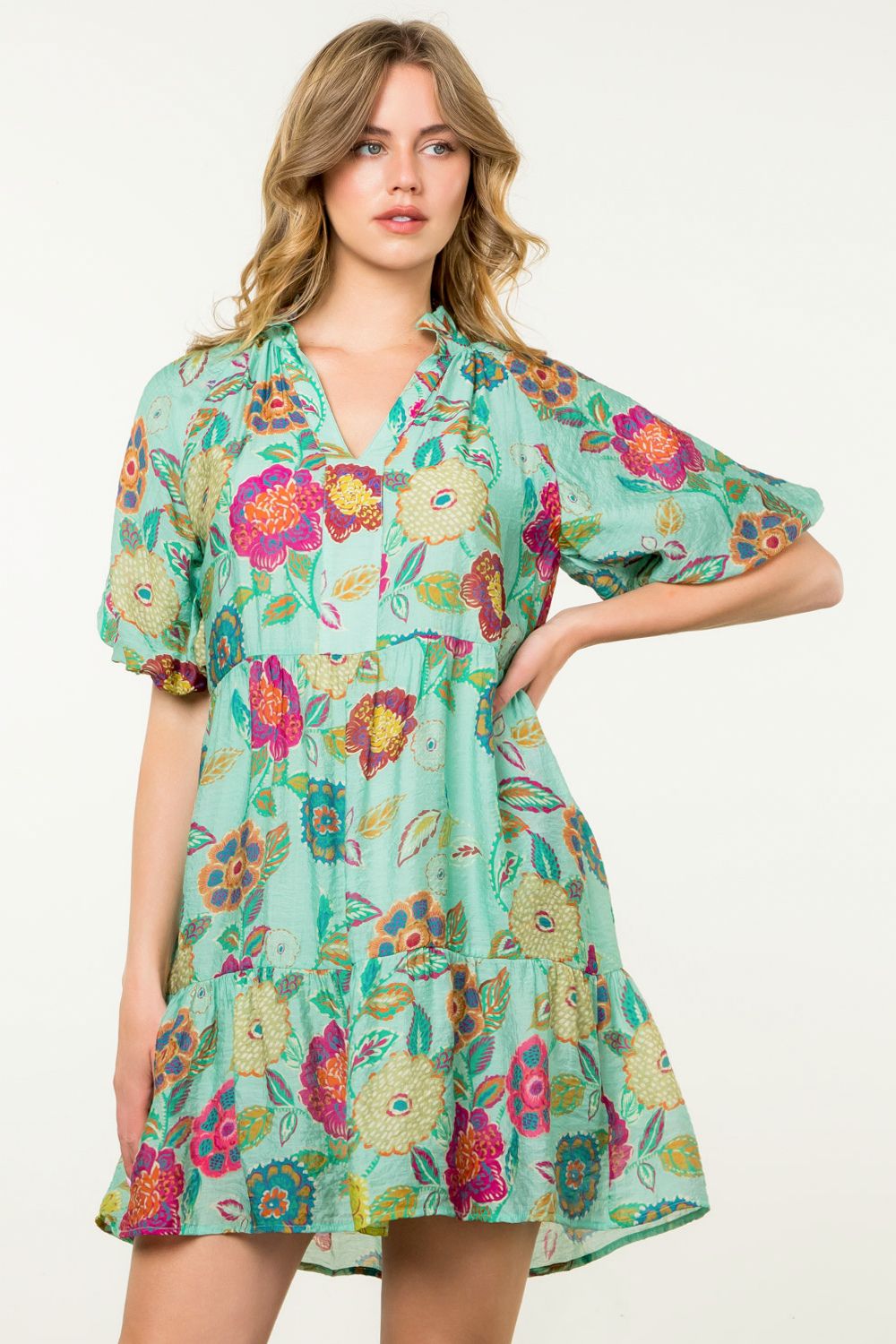 Puff Sleeve Green Floral Dress