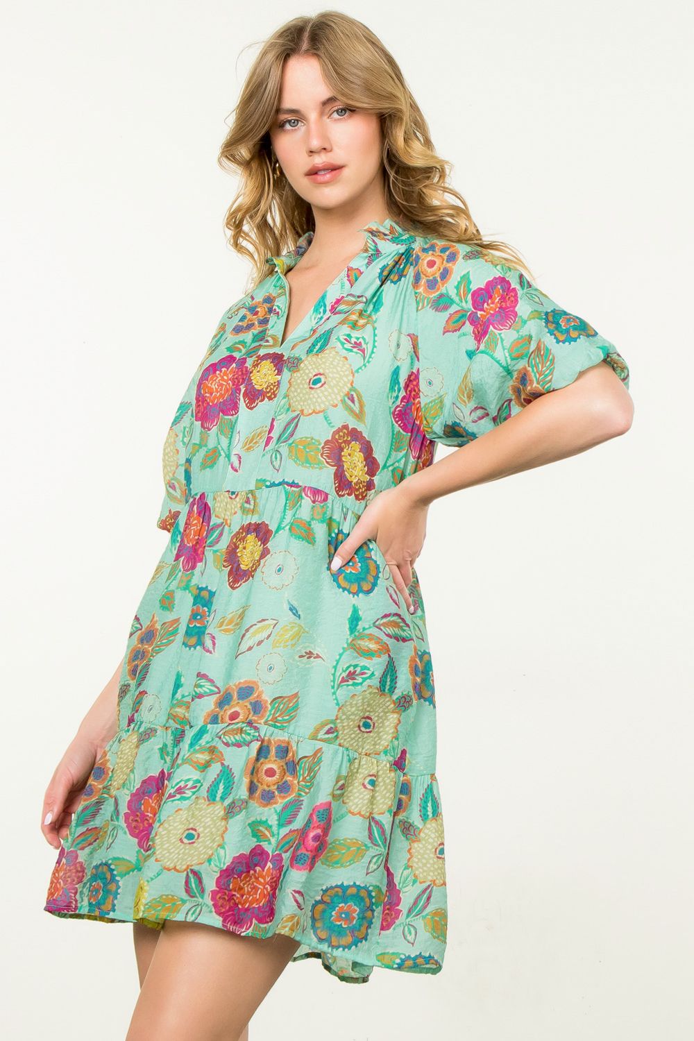 Puff Sleeve Green Floral Dress