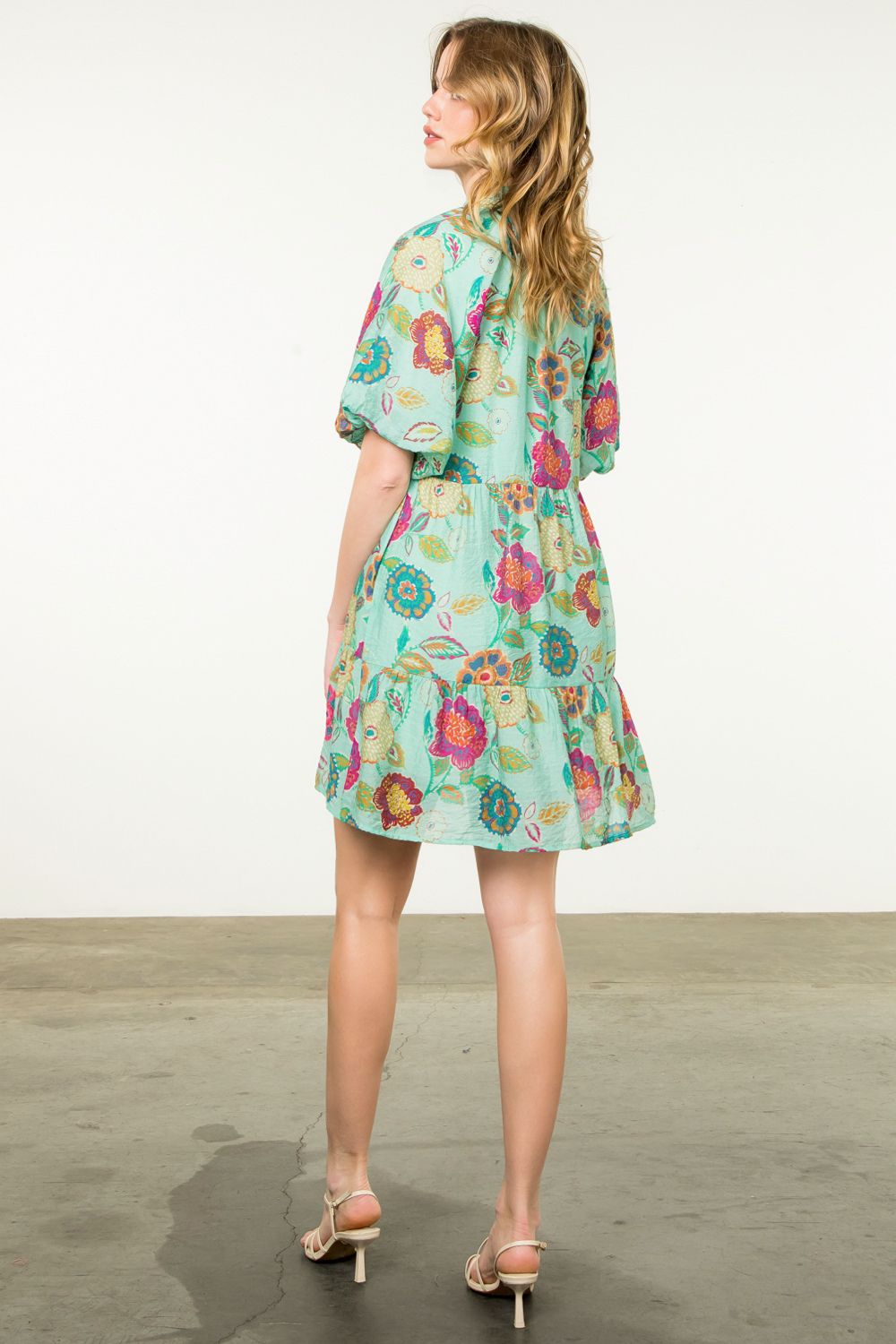 Puff Sleeve Green Floral Dress