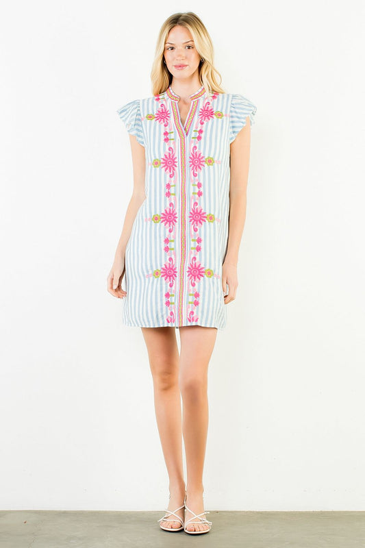 Flutter Sleeve Floral Stripe Dress