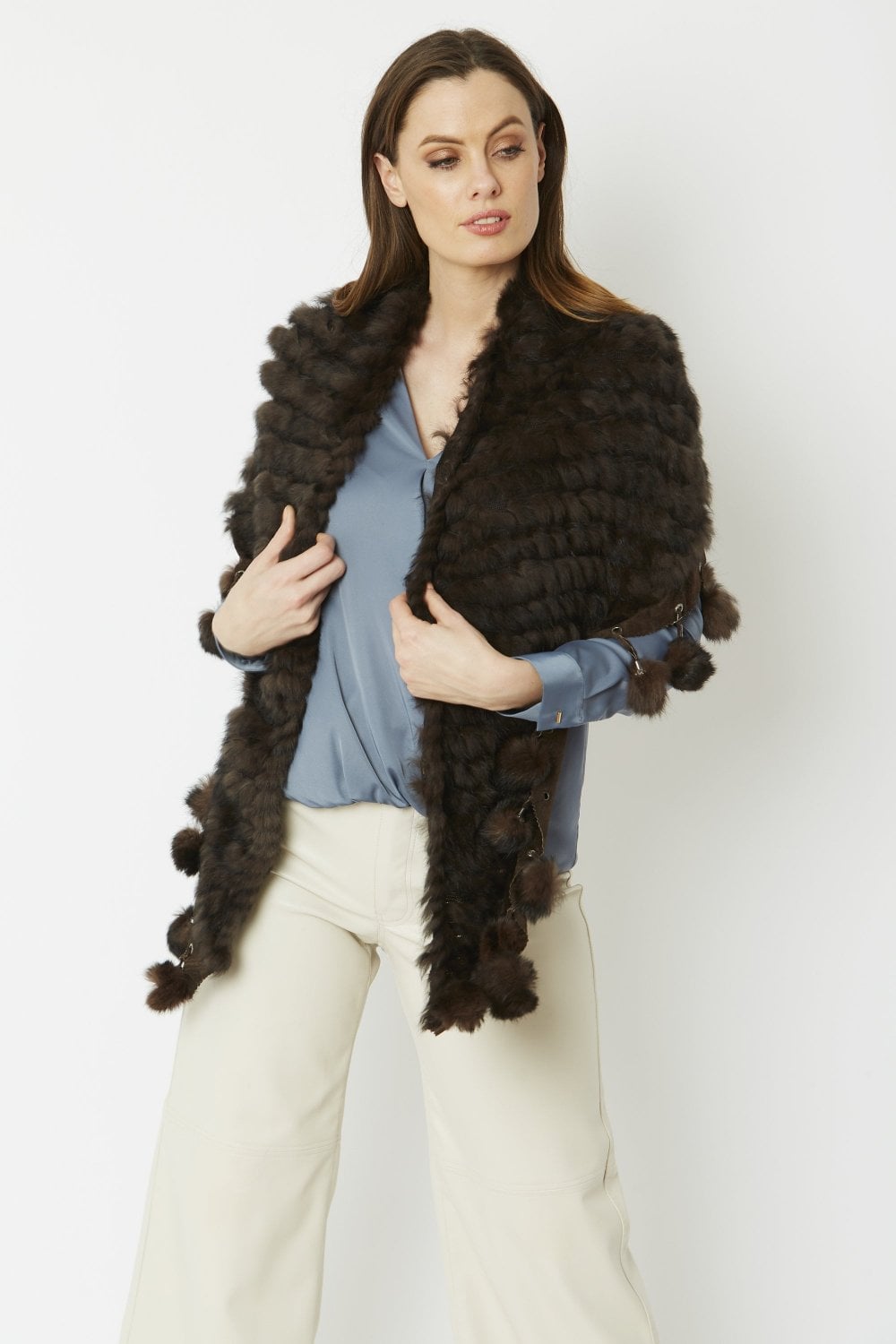 Chocolate Coney Fur Shawl with Pom Poms