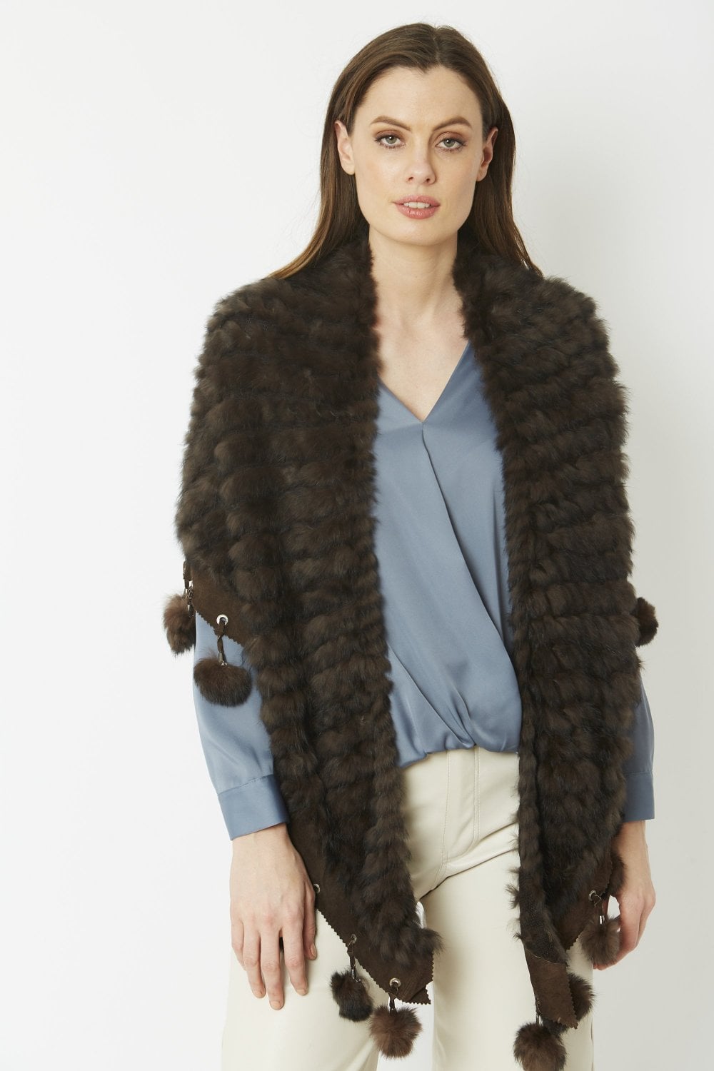 Chocolate Coney Fur Shawl with Pom Poms