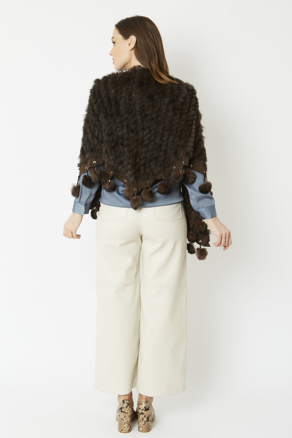 Chocolate Coney Fur Shawl with Pom Poms