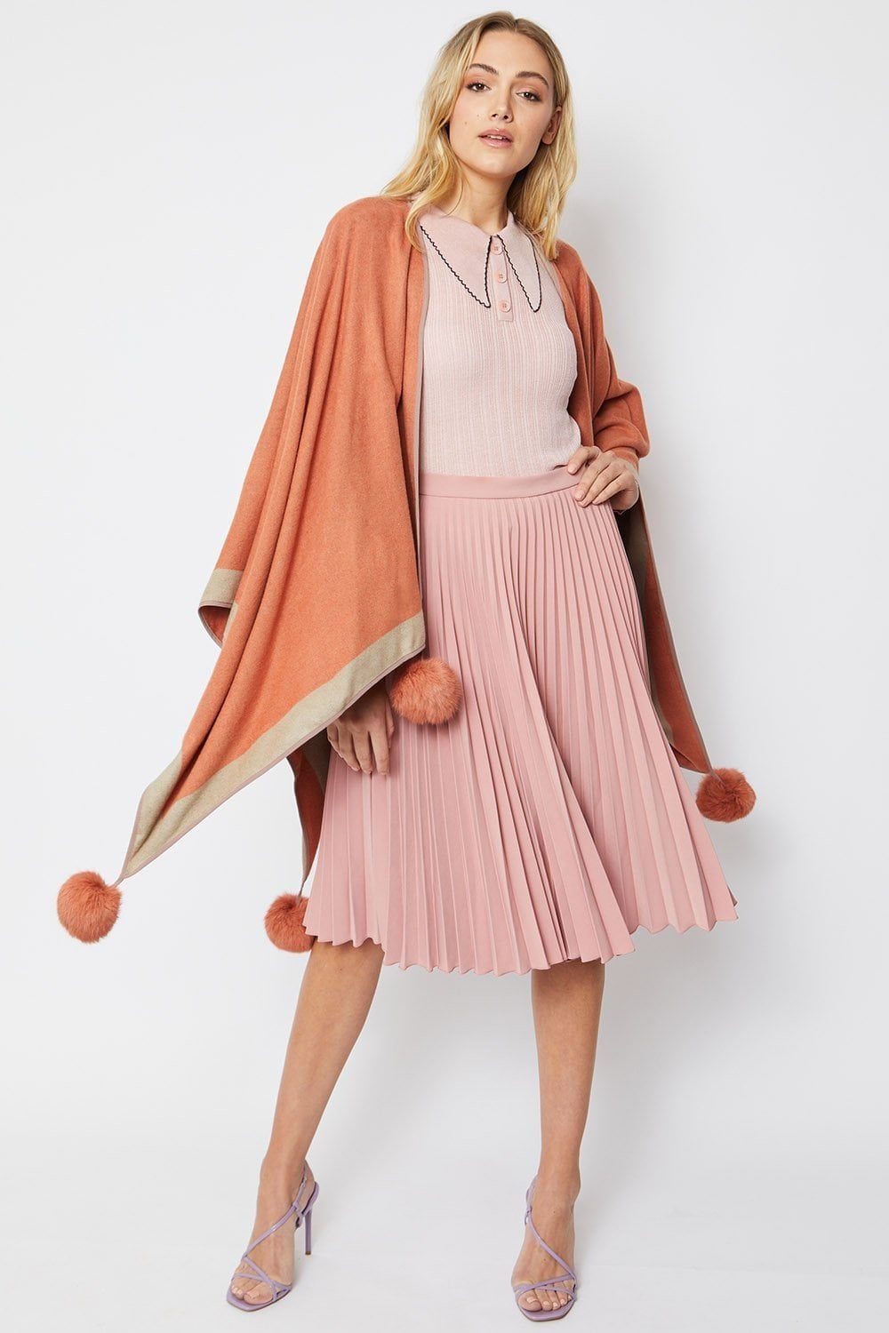 Mocha Reversible Cashmere Blend Pom Pom Wrap