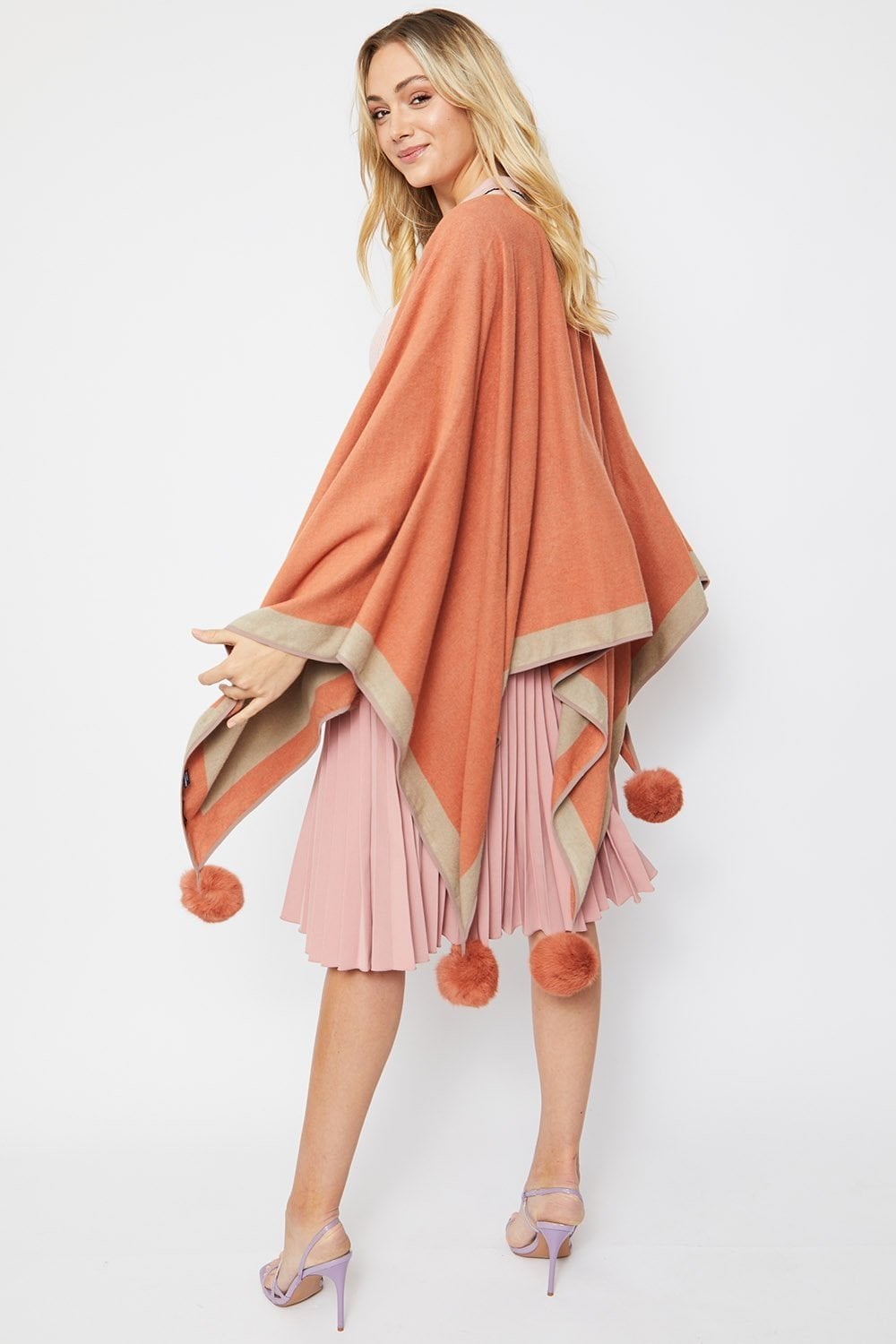 Mocha Reversible Cashmere Blend Pom Pom Wrap