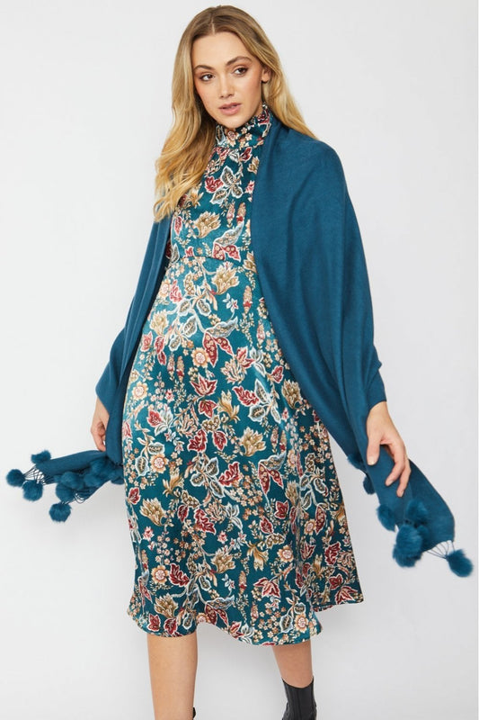 Cashmere Blend Shawl with Coney Fur Poms