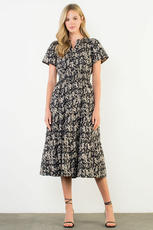 Black and Cream Print Midi Dress