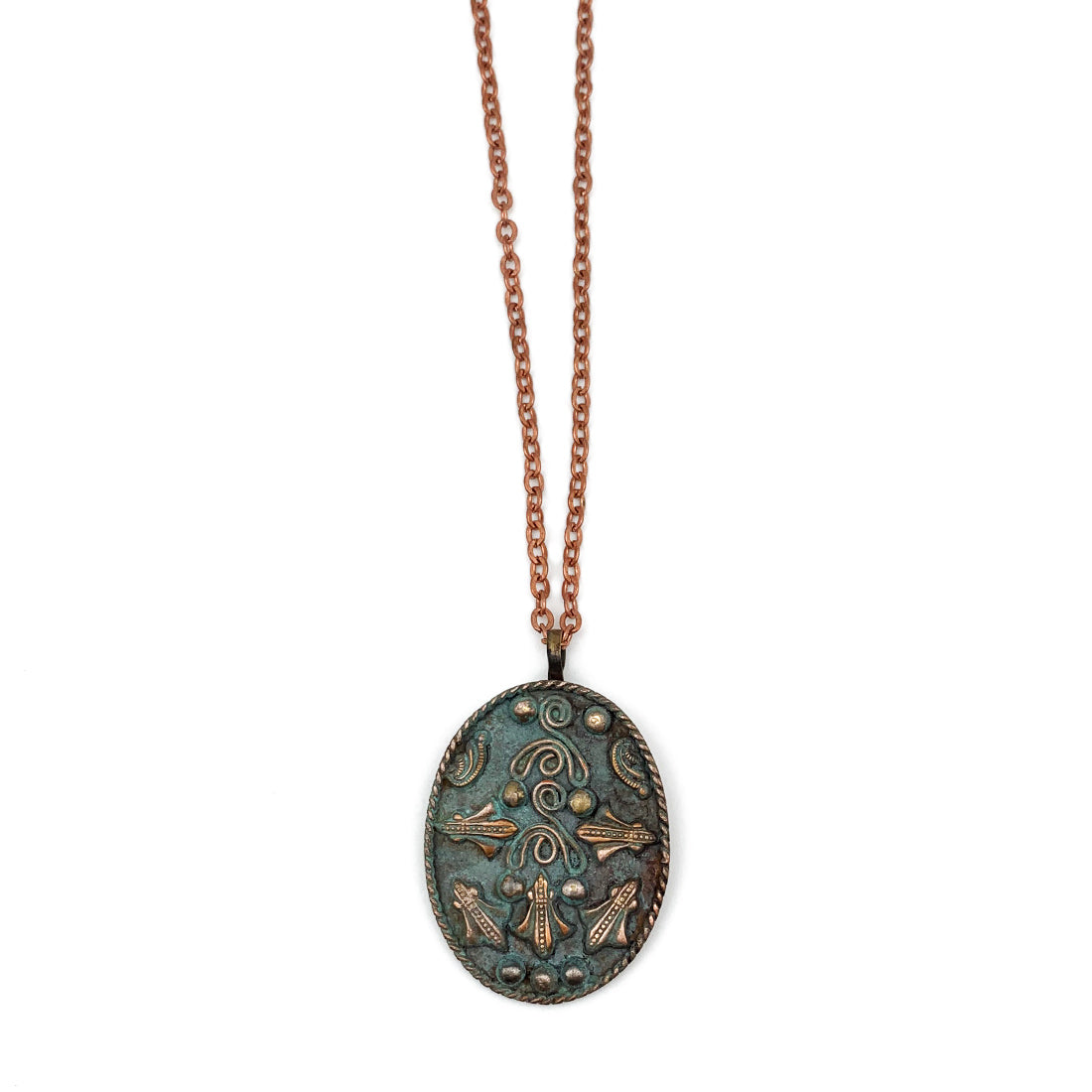 Copper Patina Necklace – Teal Filigree Wavy Lines Pendant