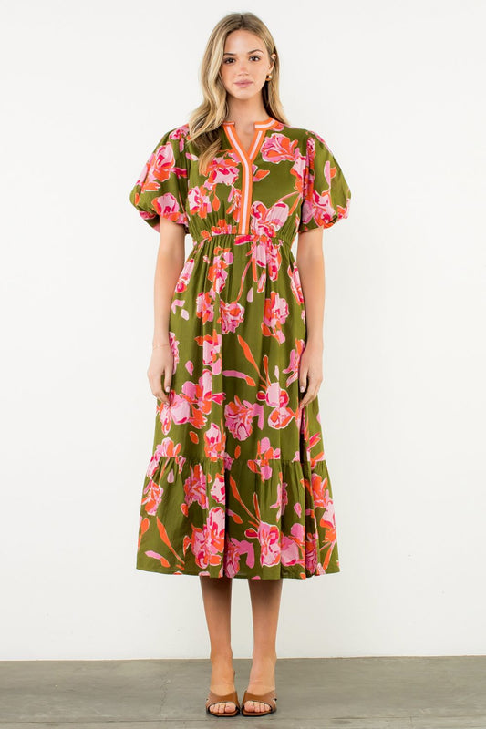 Olive and Pink Print Midi Dress