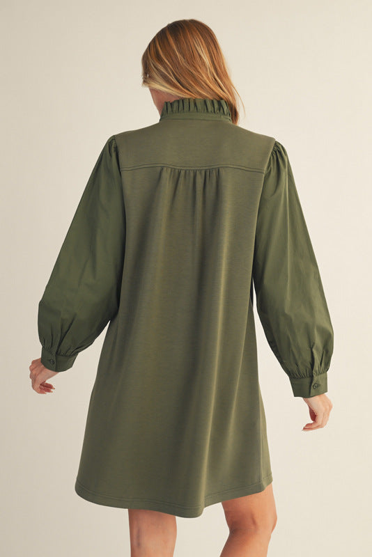 Ruffle Neck Long Sleeve Dress