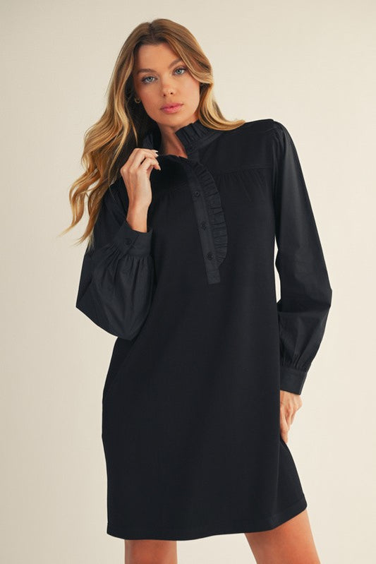 Ruffle Neck Long Sleeve Dress