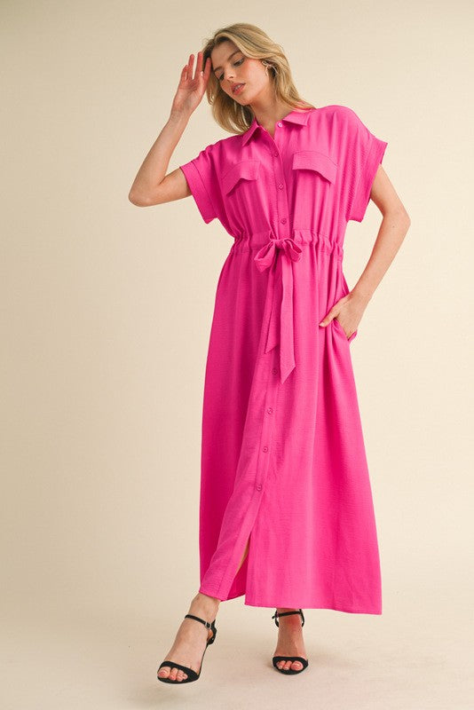 Pink Button Down Tie Waist Dress