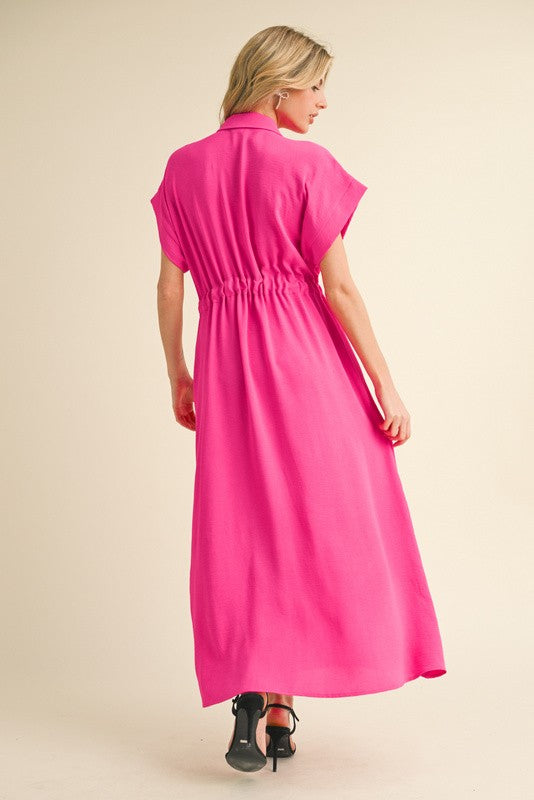 Pink Button Down Tie Waist Dress