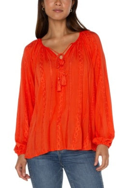 Orange embroidered shirred blouse w/ neck ties