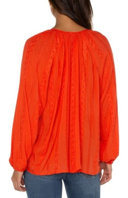 Orange embroidered shirred blouse w/ neck ties