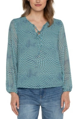 Long sleeve tie front top w/ shirred back