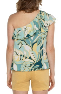 One shoulder ruffle printed woven top