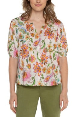 Button front shirred woven floral top