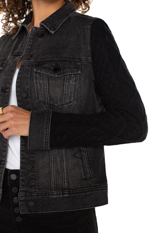 Denim jacket with sweater sleeves