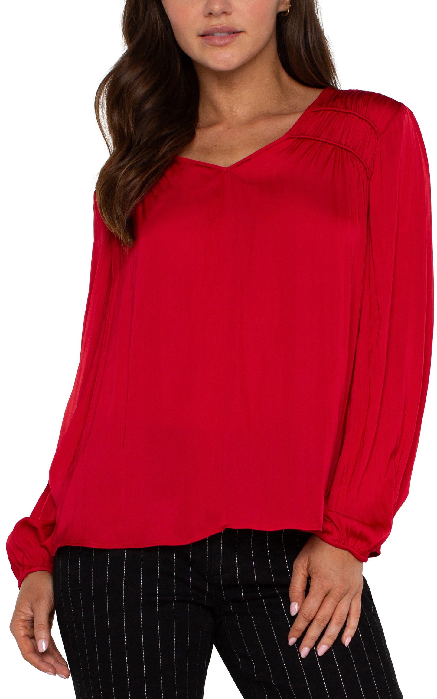 Red v neck woven blouse w/ shirring