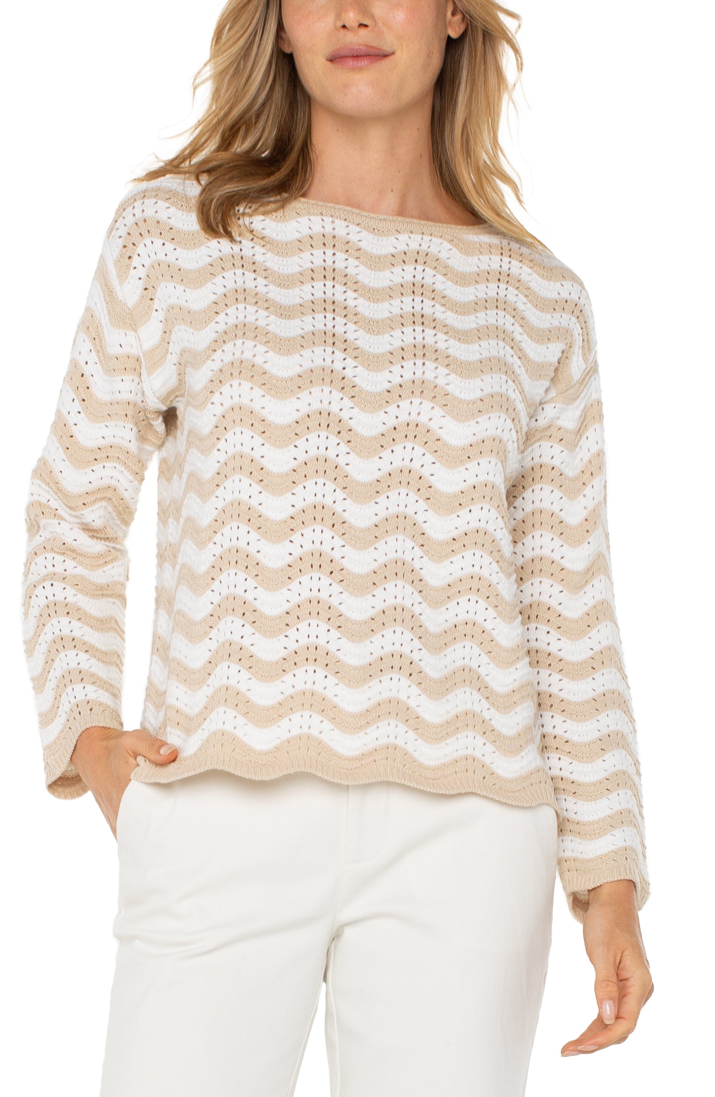 Boat neck scallop hem sweater