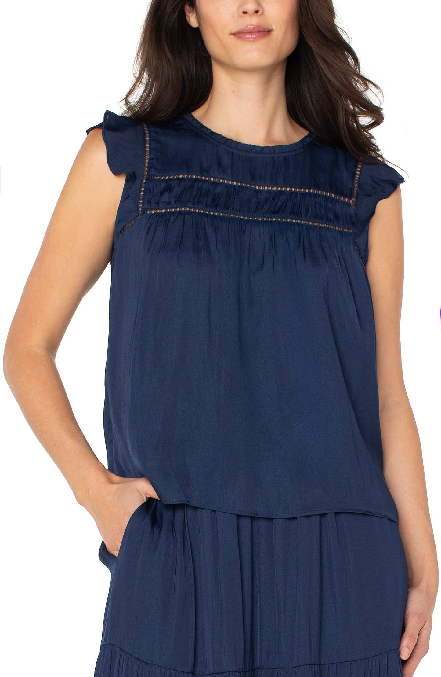 Navy Blue Flutter Sleeve Trim Top