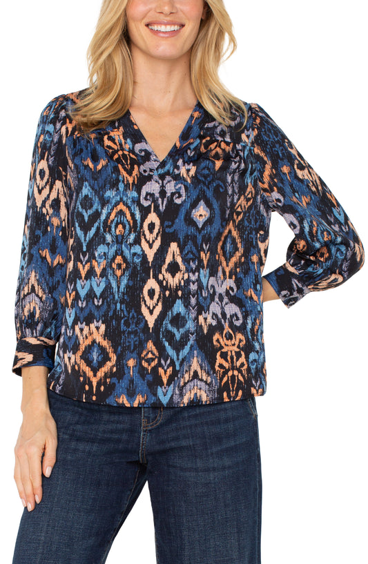 Blue Ikat 3/4 sleeve neck blouse