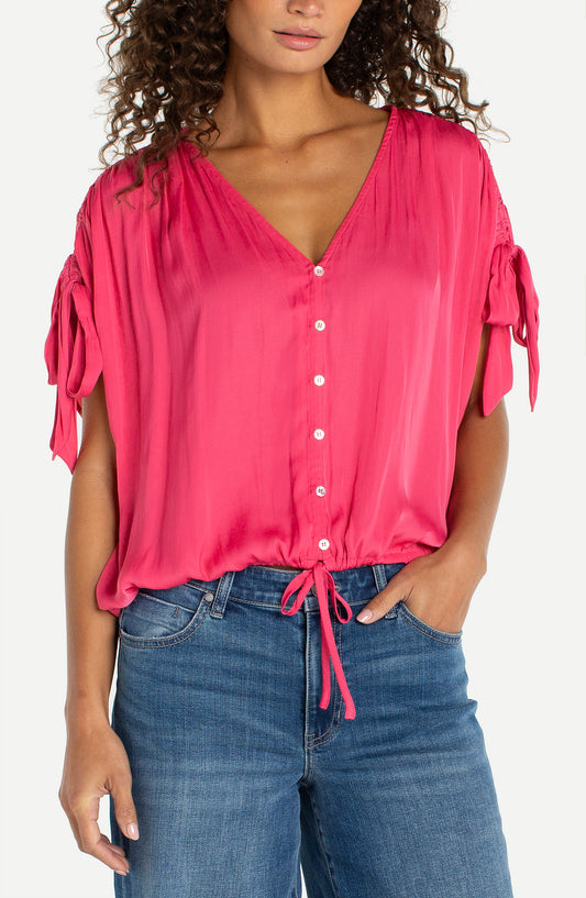 Dolman V Neck Woven Top w Ties