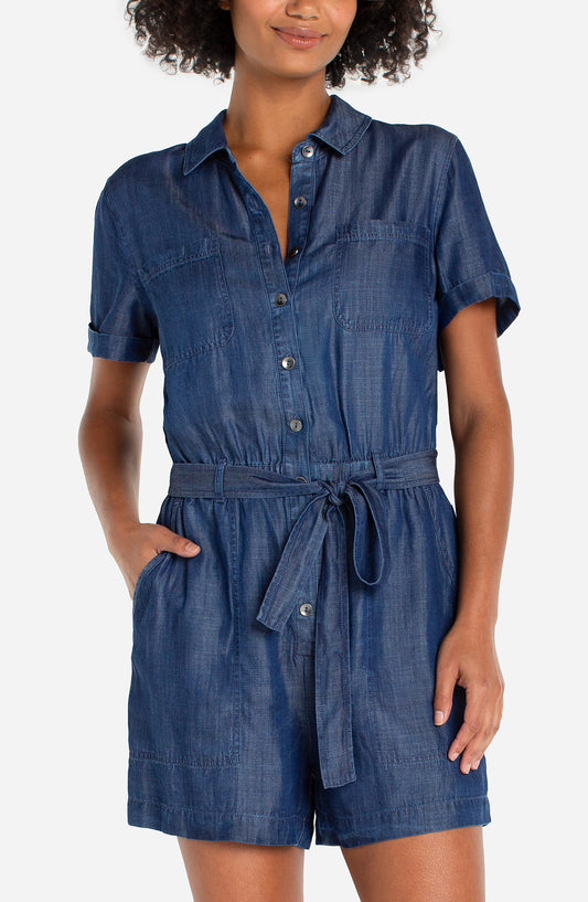 Short Sleeve Romper with Tie Belt