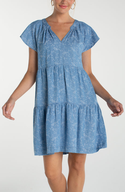 Floral Denim Tiered Flutter Sleeve Dress