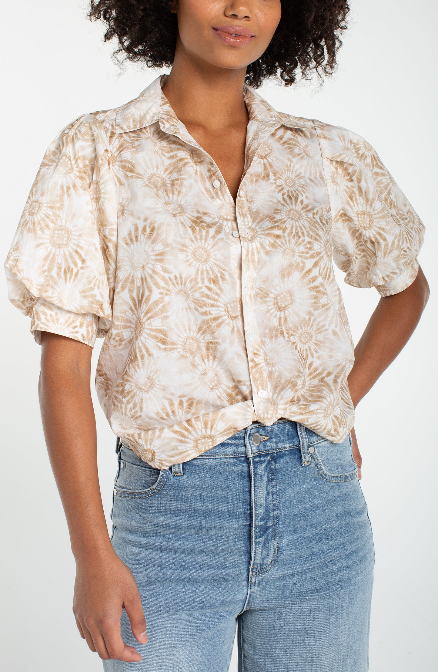 Puff Sleeve Button Front Twist Shirt