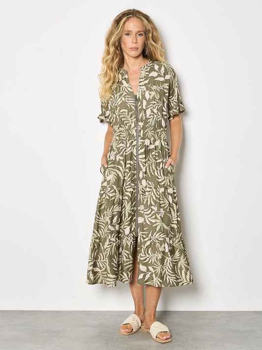 Palm Print Zip Front Tiered Dress