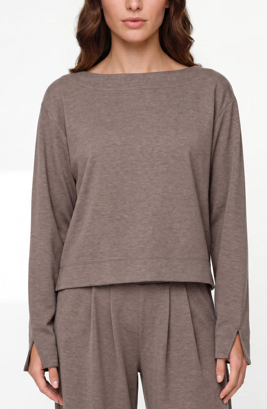 Taupe Long Sleeve Boat Neck Top