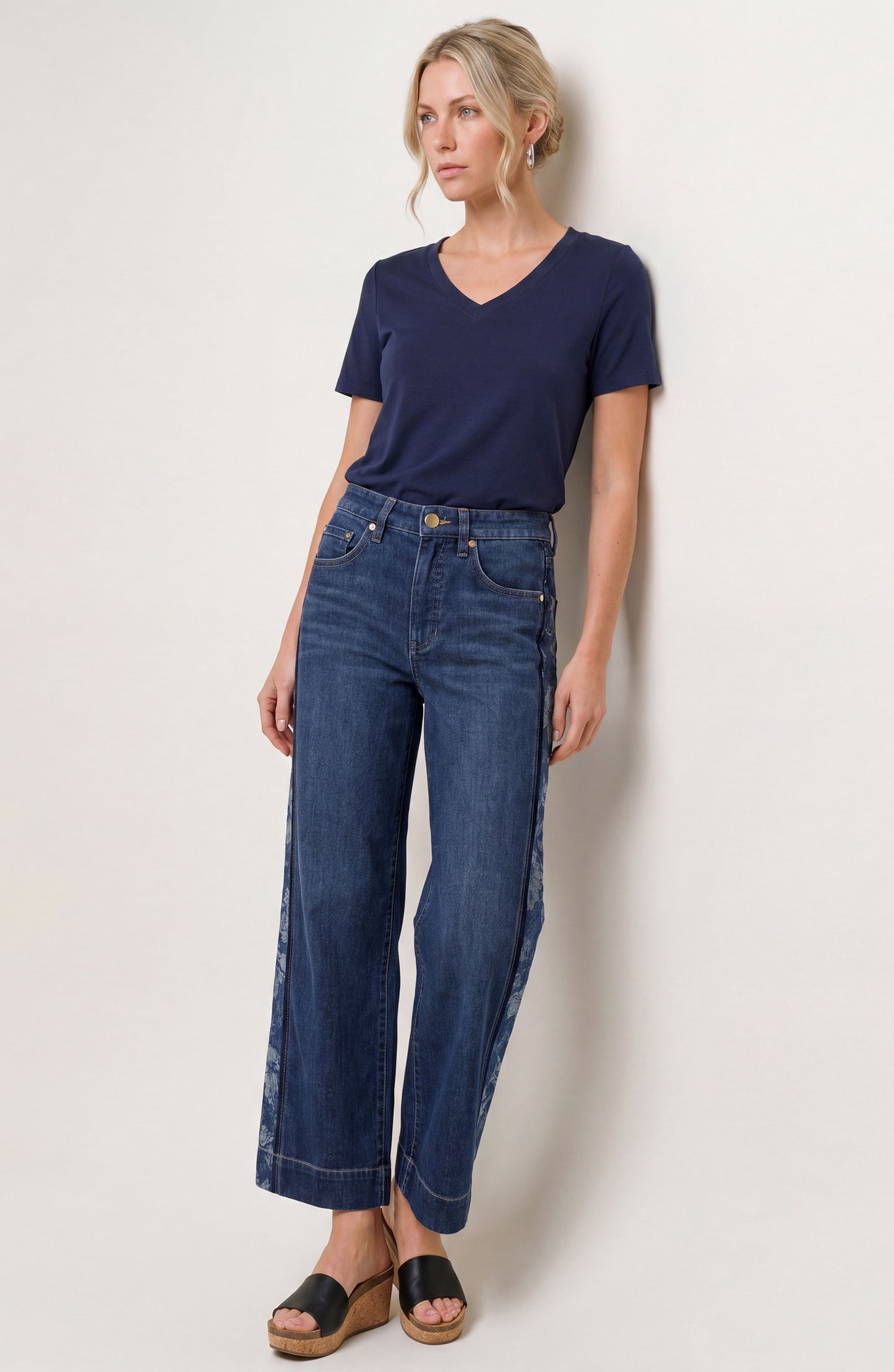 Jacquard Blocking Stride Wide Leg Jeans