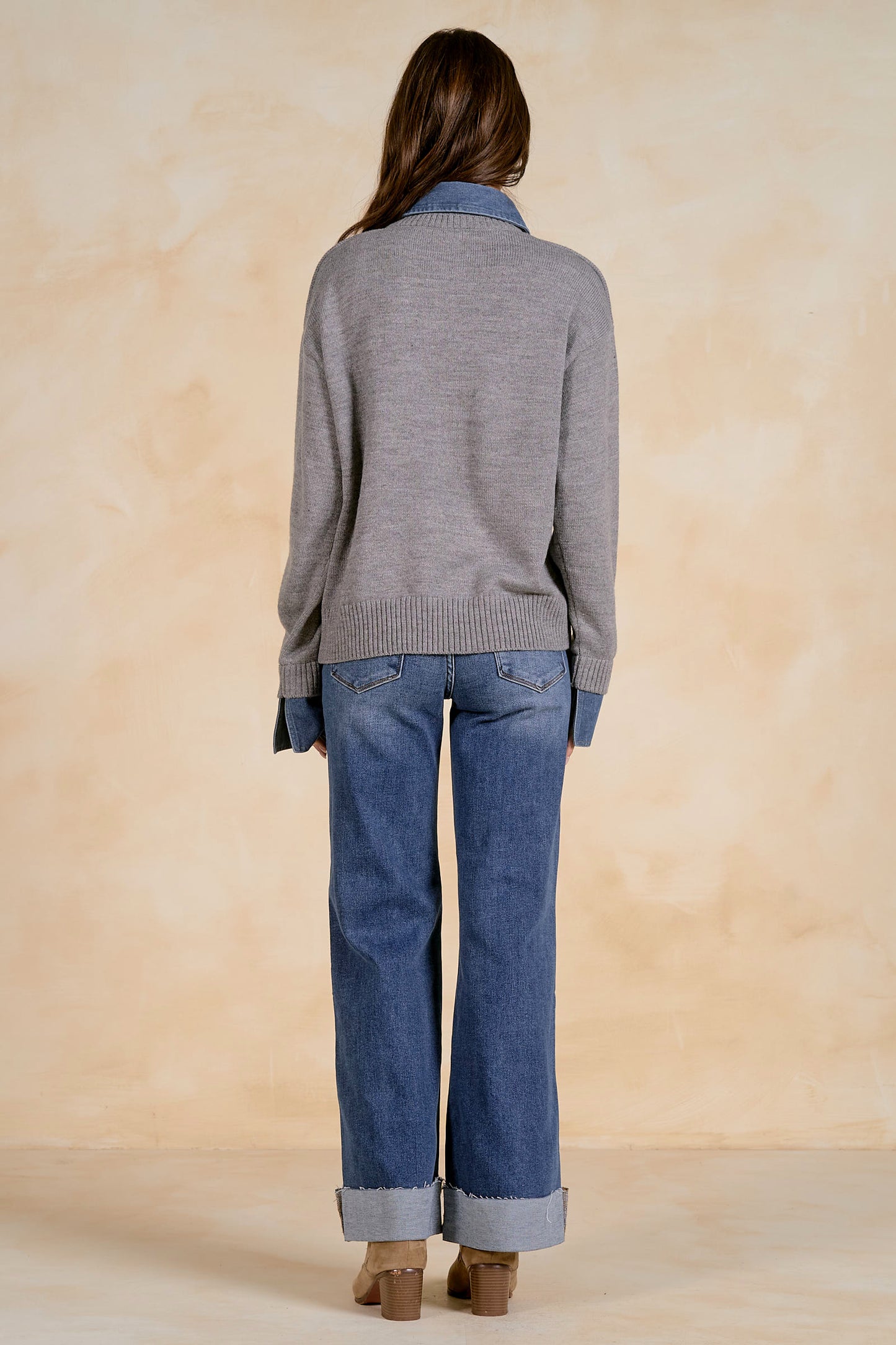 Gray Sweater with Denim Collar