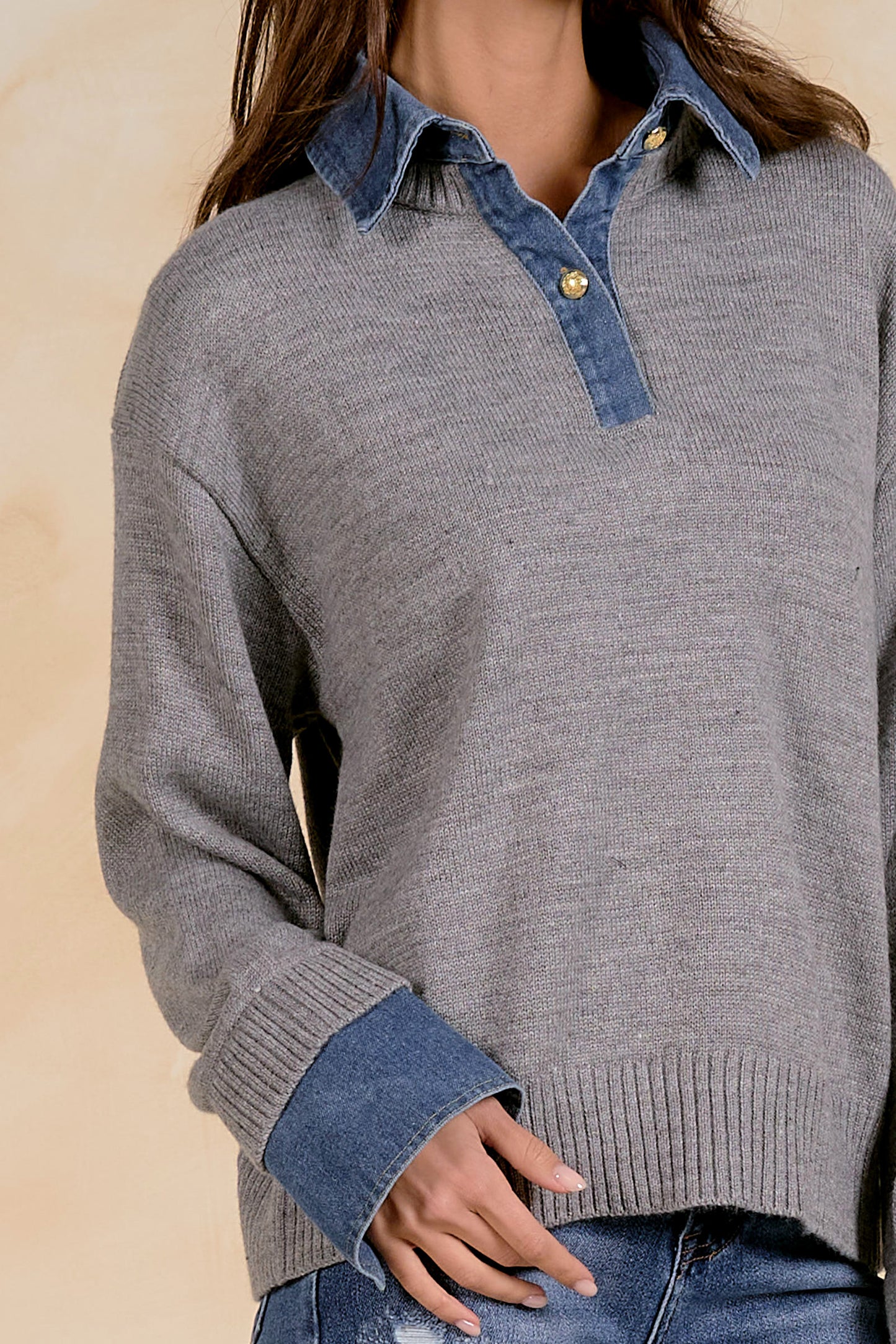 Gray Sweater with Denim Collar