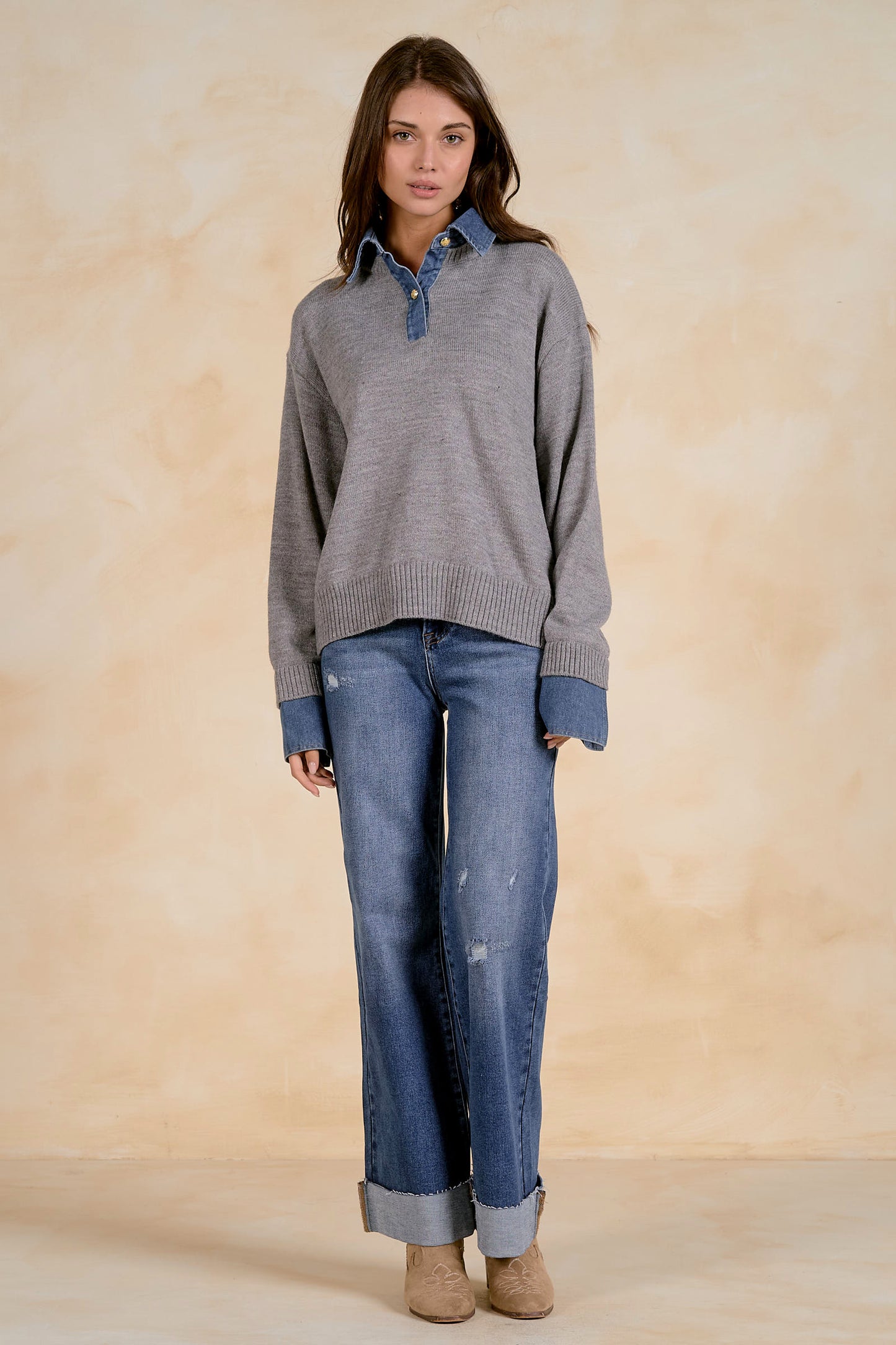 Gray Sweater with Denim Collar