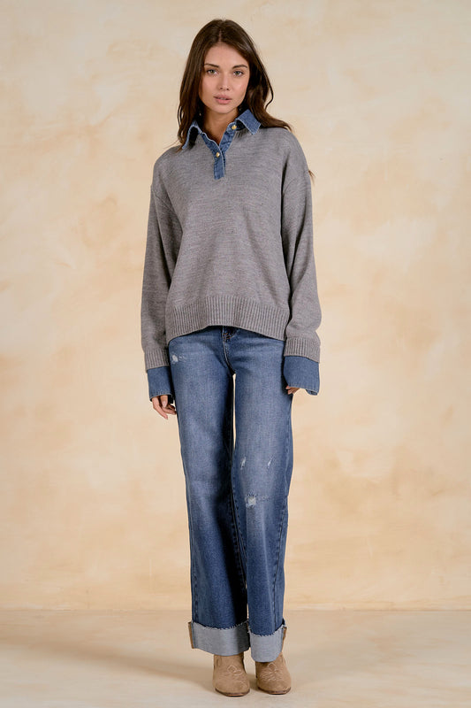 Gray Sweater with Denim Collar