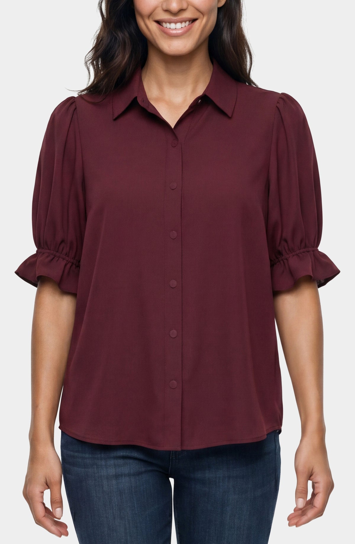 Elbow Puff Sleeve Snap Front Shirt