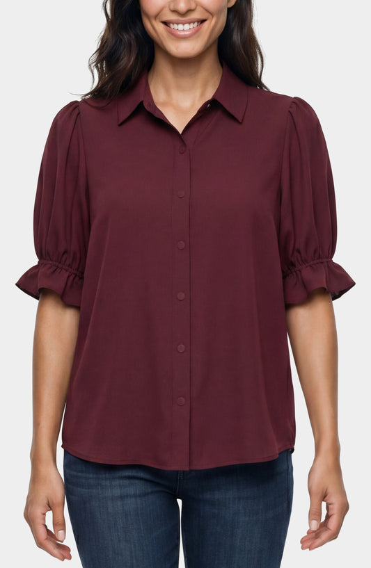 Elbow Puff Sleeve Snap Front Shirt