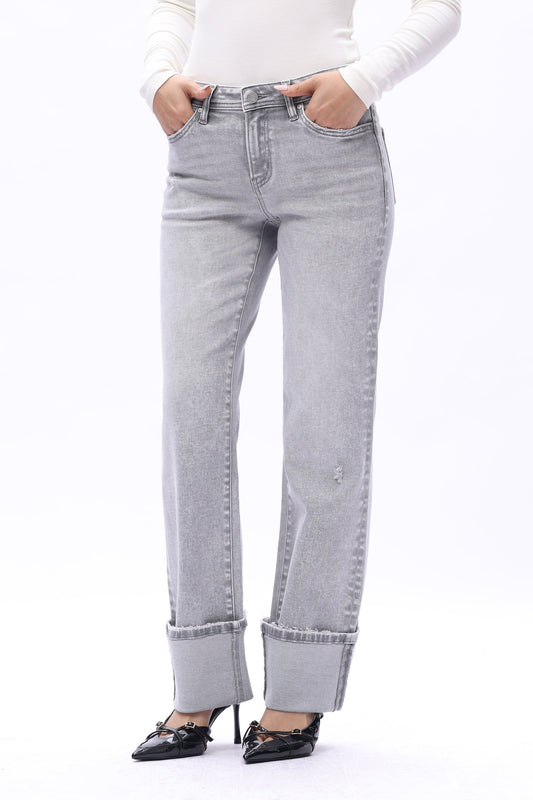 Mid Rise Cuffed Straight Leg Jeans