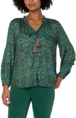 Emerald long sleeve popover shirred blouse