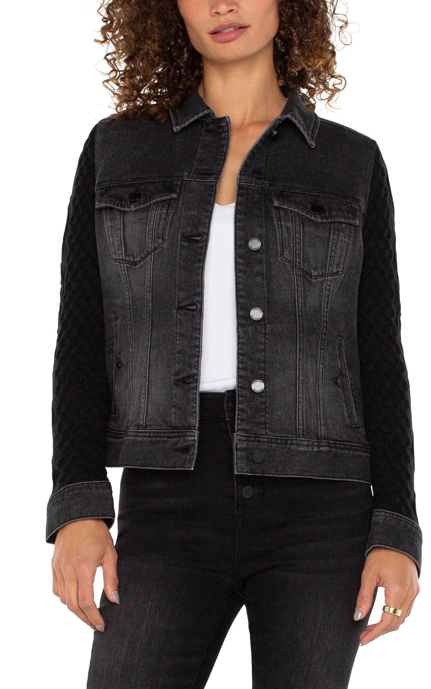 Denim jacket with sweater sleeves