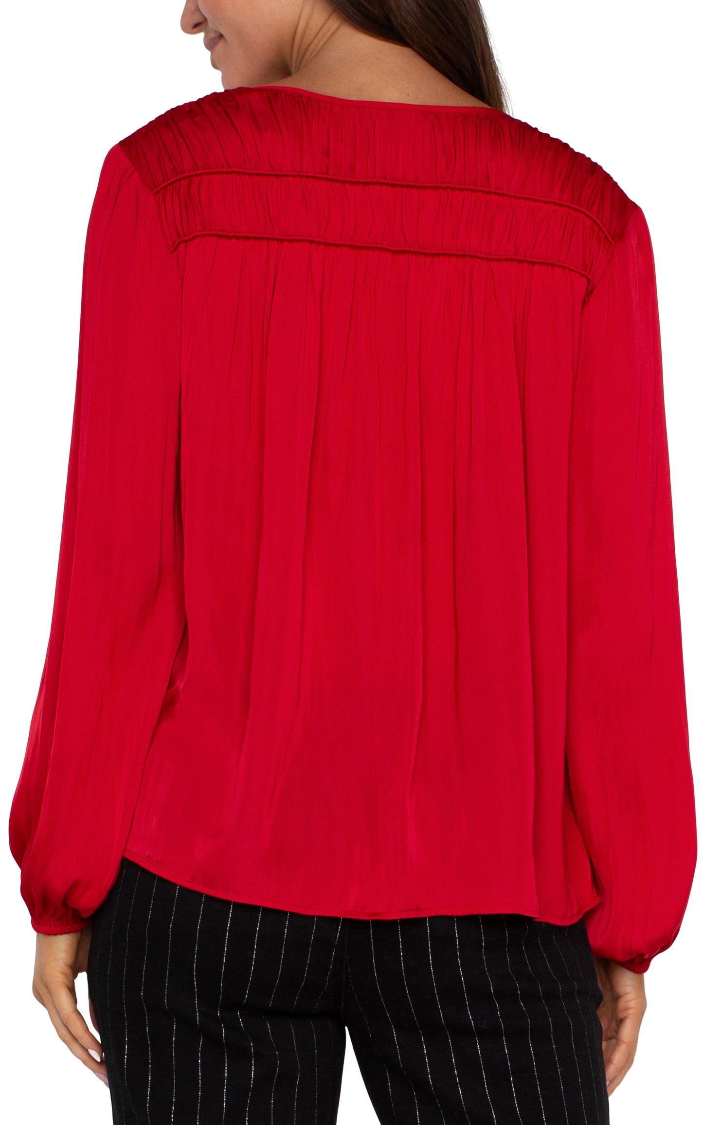 Red v neck woven blouse w/ shirring