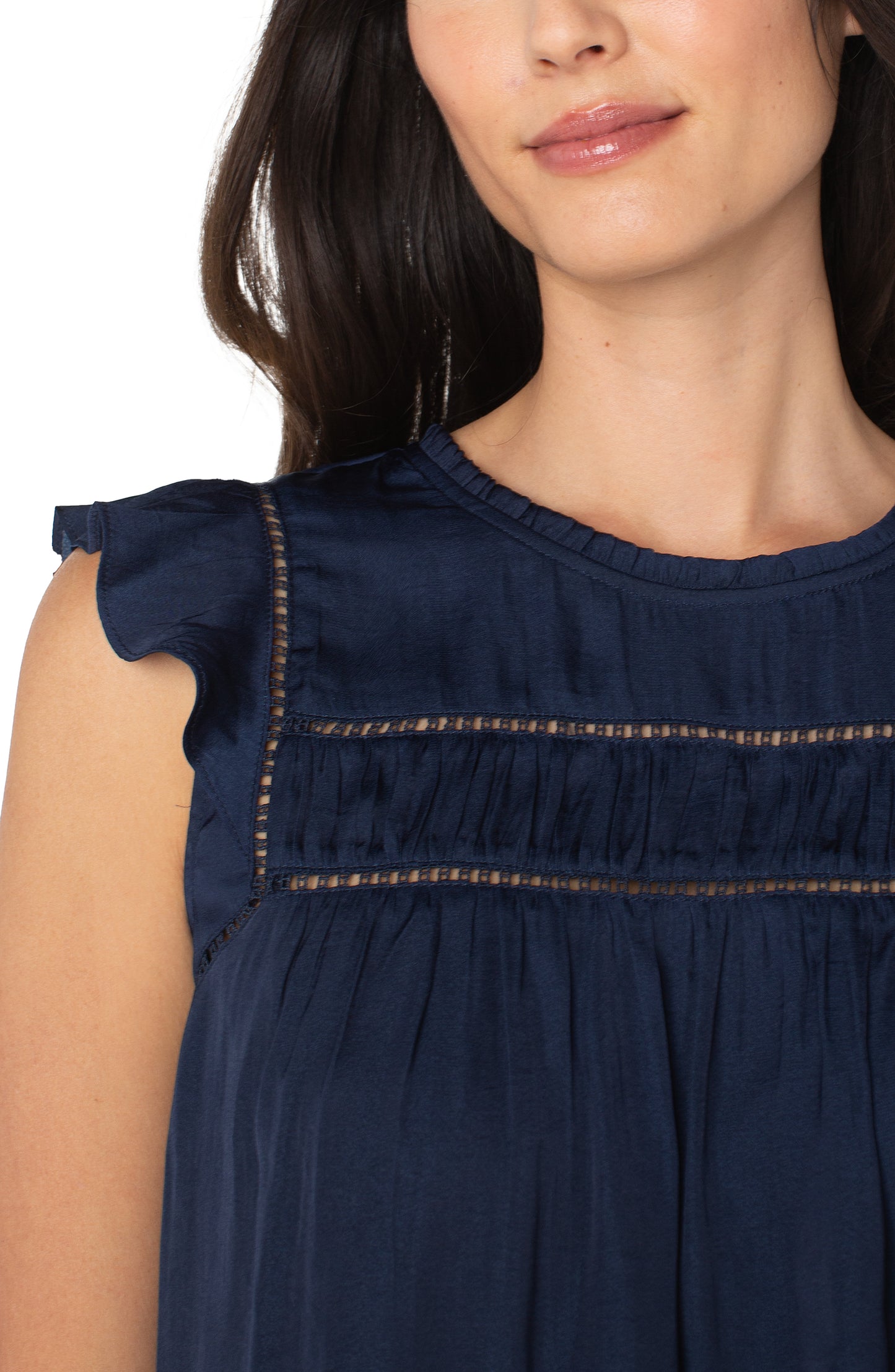 Navy Blue Flutter Sleeve Trim Top