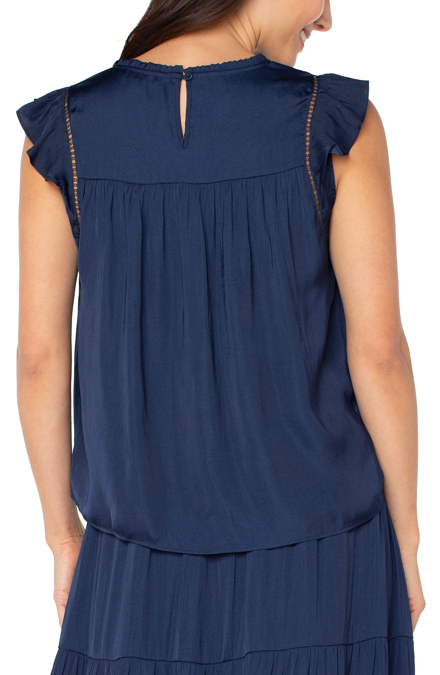 Navy Blue Flutter Sleeve Trim Top