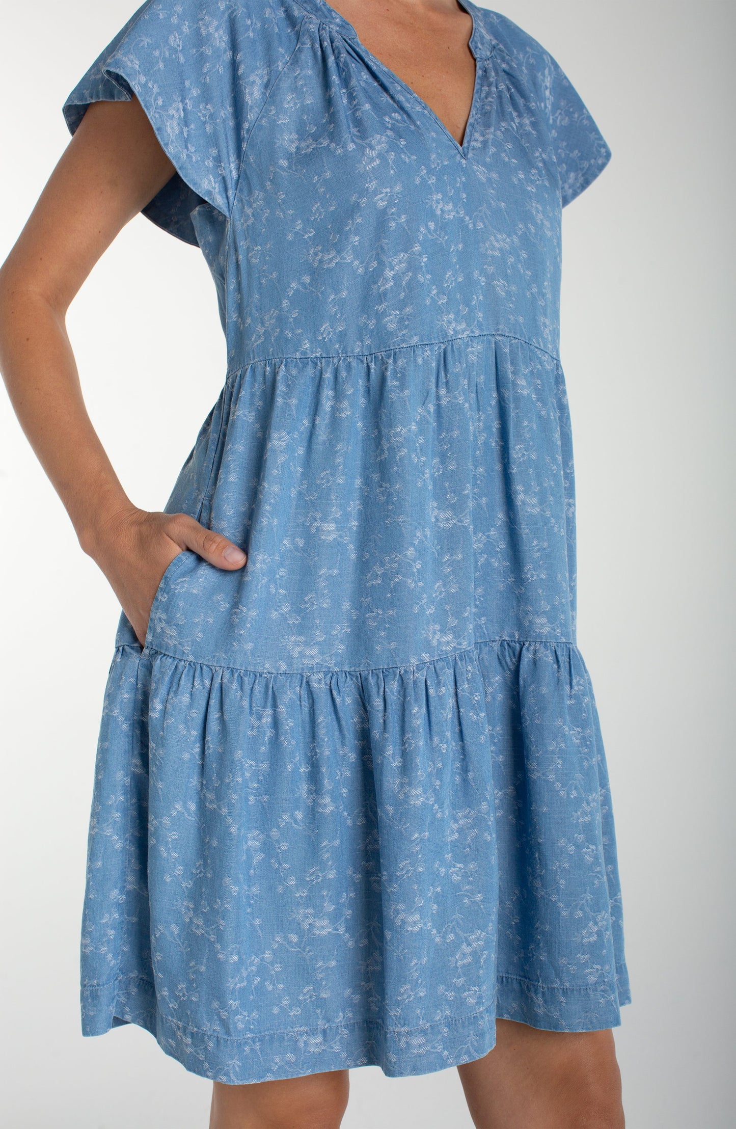 Floral Denim Tiered Flutter Sleeve Dress