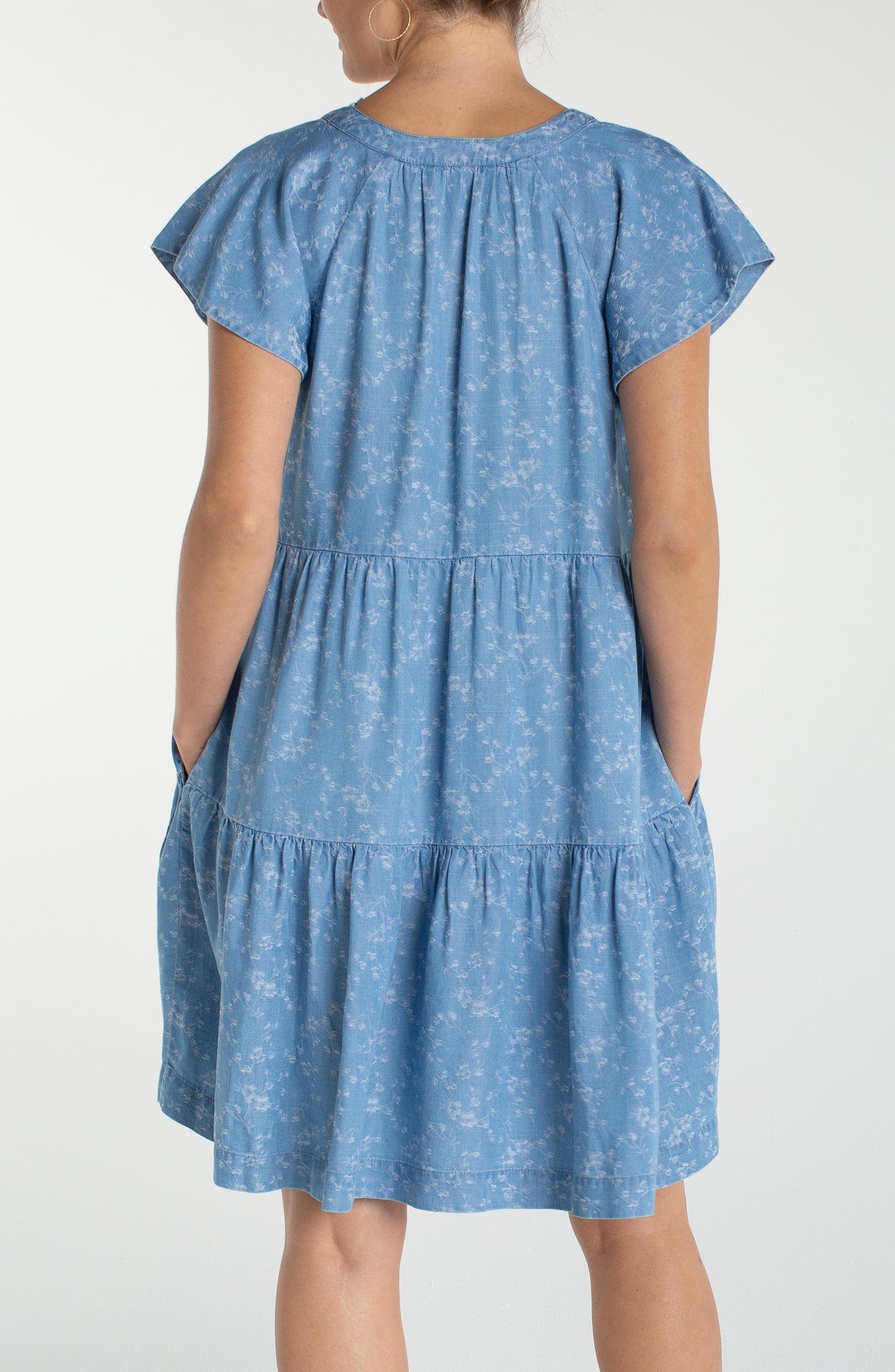 Floral Denim Tiered Flutter Sleeve Dress